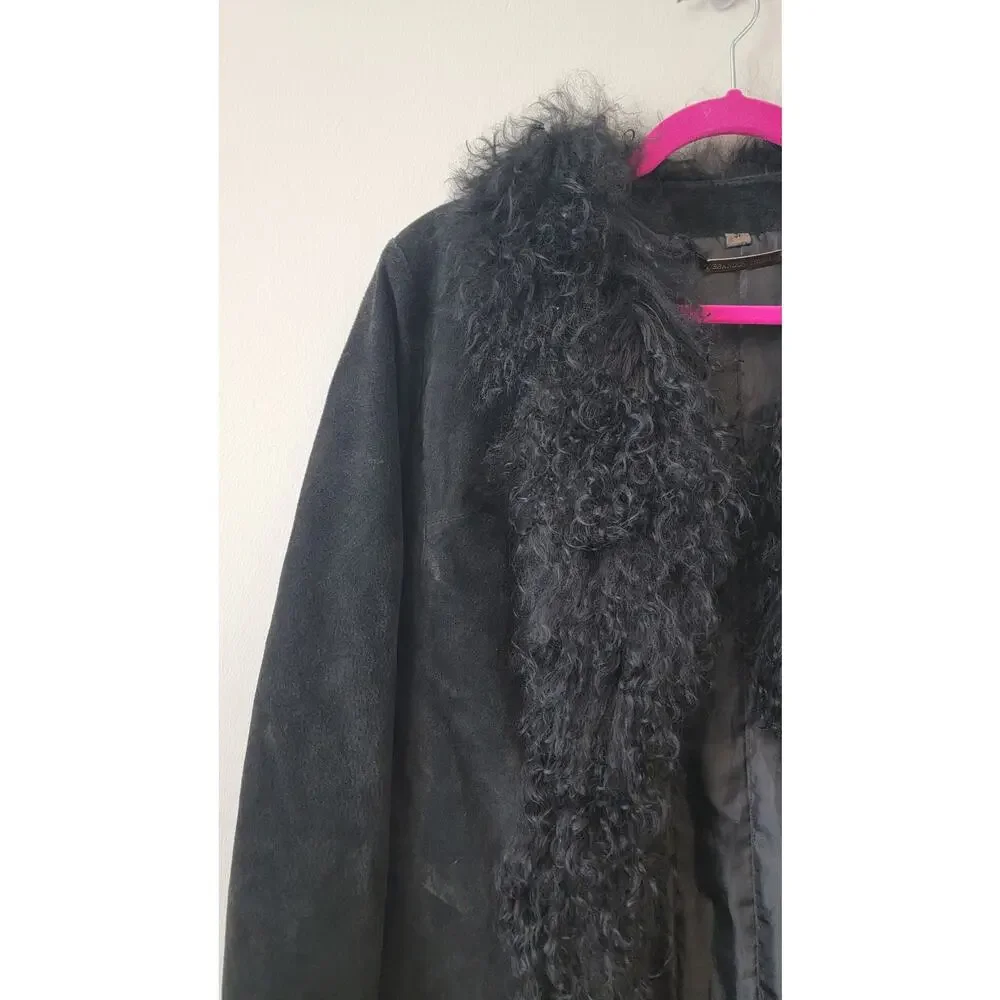 Black Genuine Suede & Fur Trim 70s Glam Whimsygoth Festival Coat - Picture 6 of 16